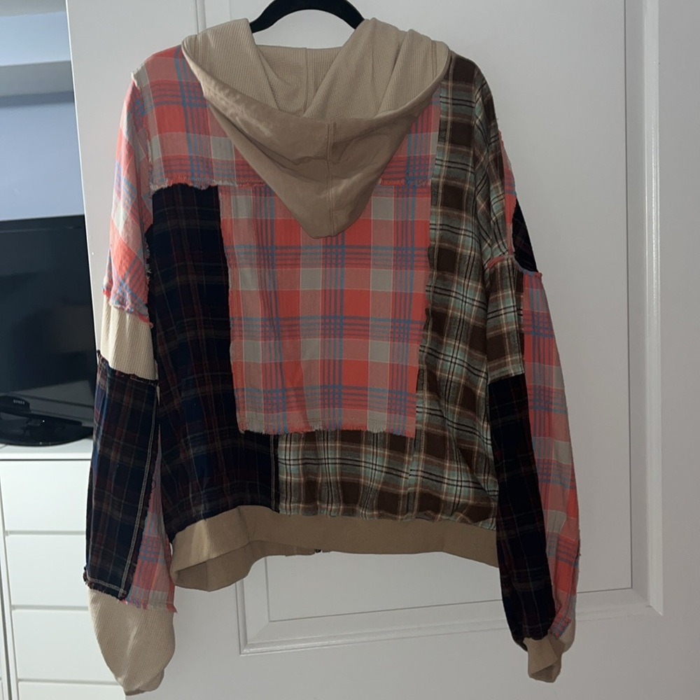 Oli & Hali Patchwork Plaid Zip Hoodie in Coral, Brown & Tan - Picture 3 of 3